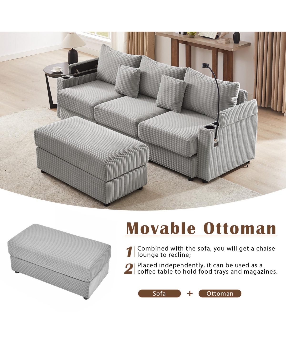 Streamdale Furniture Modern 3-Seater Sofa Sectional w/ Ottoman, Usb, Cup Holders