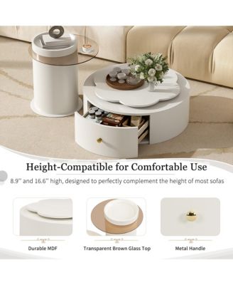 Modern Round Coffee Table Set, Rotatable Top & Drawers