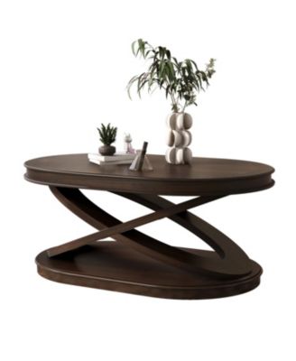 Wood Oval Coffee Table with X-Base & Open Storage - Espresso