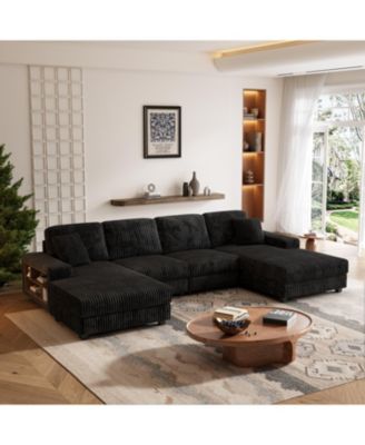 Convertible Corduroy U-Shaped Sofa, Modern 4 Seat Couch