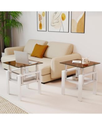  Modern Glass Tea/Coffee Table Set - Brown/White