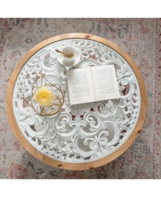 Streamdale Round Wood Coffee Table, Glass Top, Curved Legs