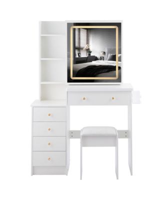 37" Bedside Vanity Table Set with - Cushioned Stool - AC/USB Sockets - Hair Dryer Stand - Touch Control LED Mirror