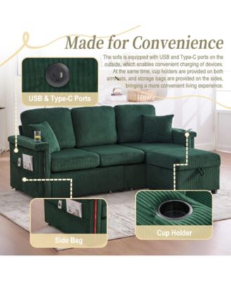 L-Shaped Sectional Sofa w/ Storage Ottoman, USB, Cup Holder