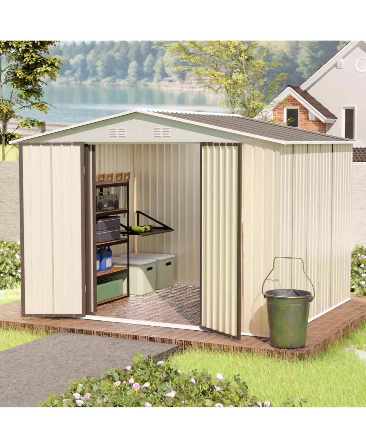 Streamdale Furniture 10x8 ft White Garden Shed with Aluminum Frame & Door