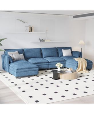 141.5" U-Shaped Sofa Couch with Ottoman & Pockets