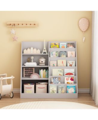 Kids Bookshelf Toy Storage Organizer, 4 Tier Wooden Bookcase, Gray