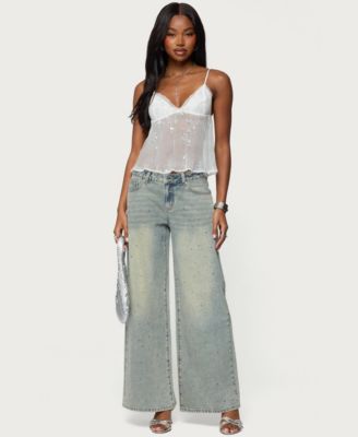 Women's Sequin Sheer Mesh Babydoll Top