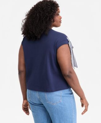 Trendy Plus Size Ribbon-Trim Crewneck Cotton Top