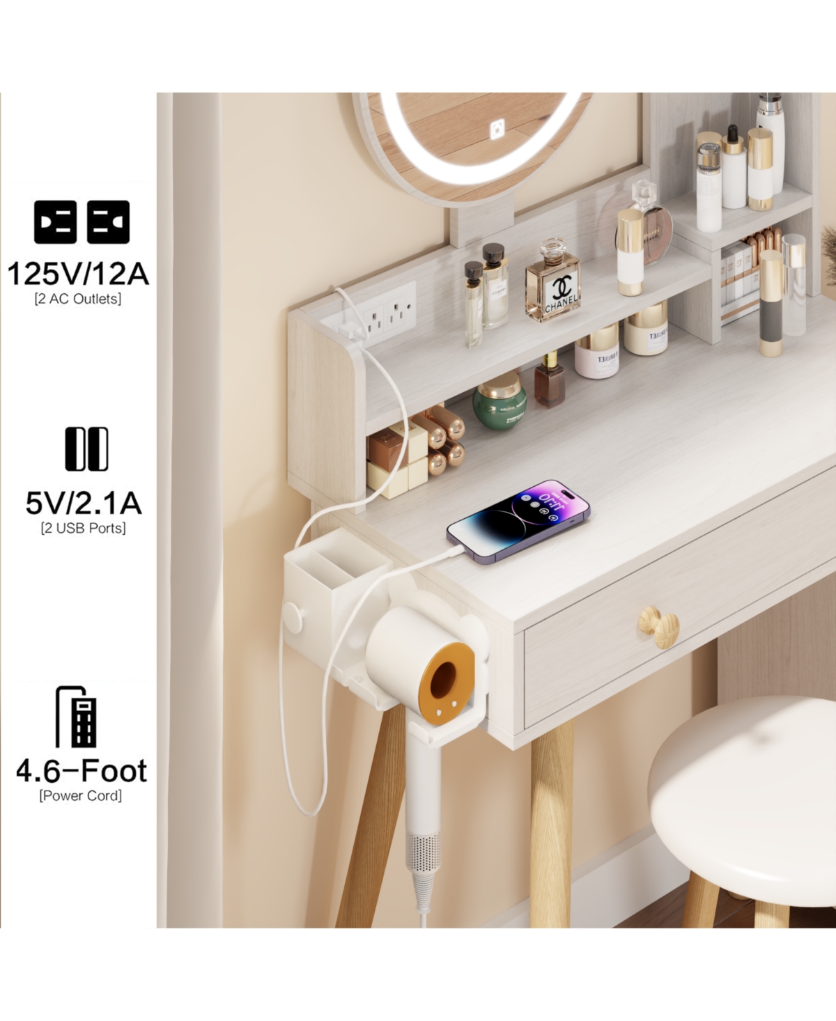 Streamdale Furniture 3-Color Vanity Table w/ Mirror Lights & Charger