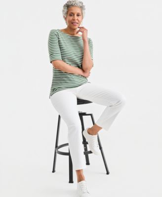 Women's Printed Boat-Neck Elbow-Sleeve Top