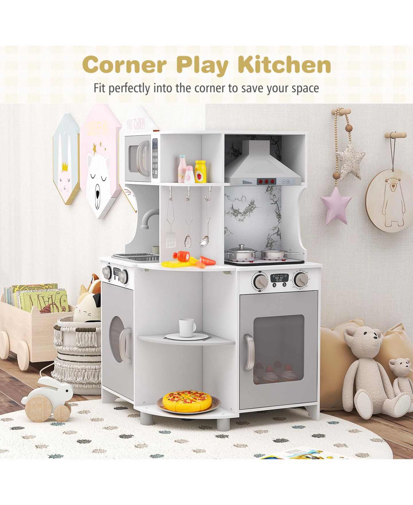 Детская игрушка Gymax Wooden Corner Play Kitchen with Water Circulation, Ages 3+ — фото 9