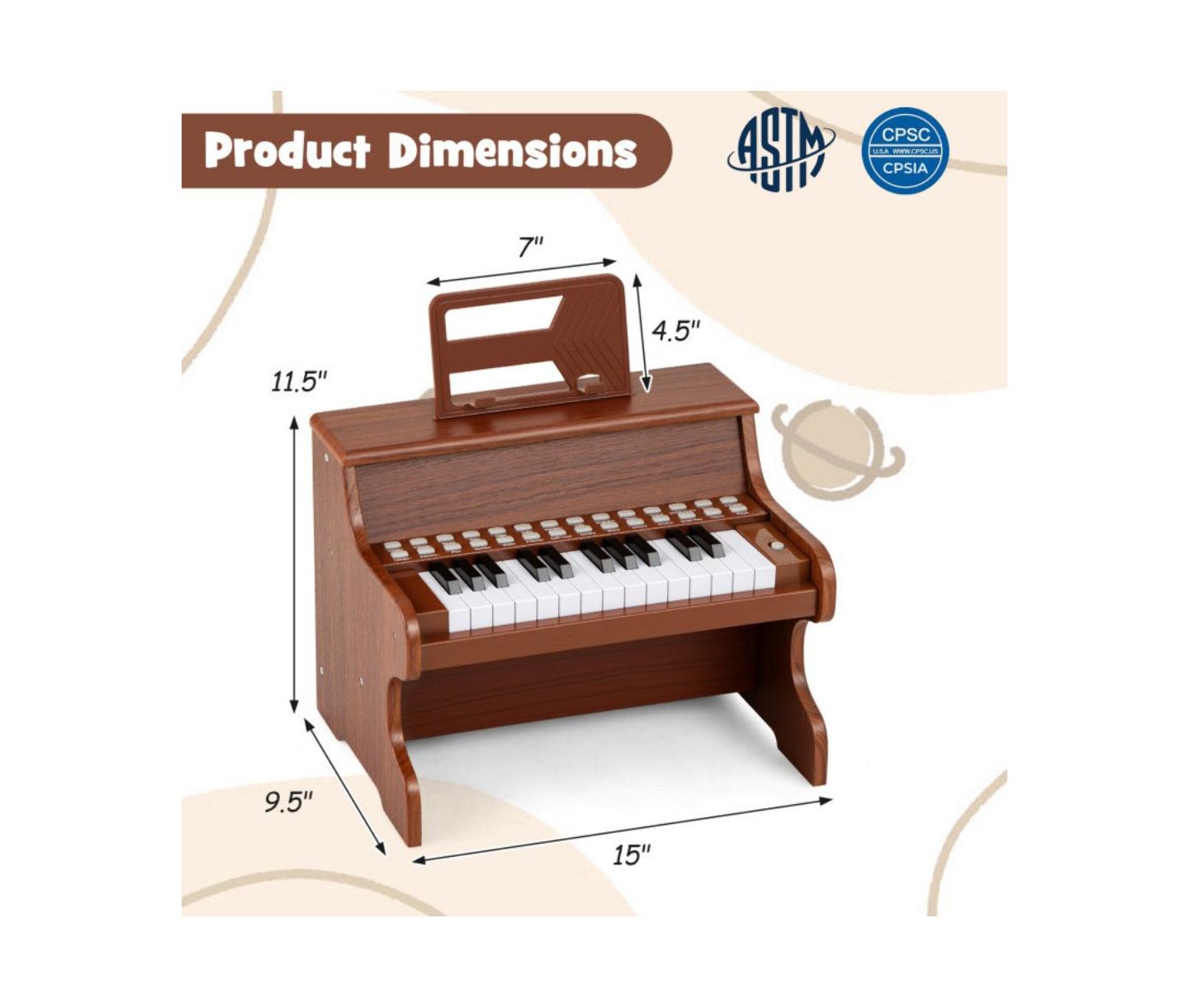 Детская игрушка HONGGE Kids' Digital Piano Keyboard with Light-Up Keys and Demo Songs, Ages 3+, цвет: Коричневый — фото 3