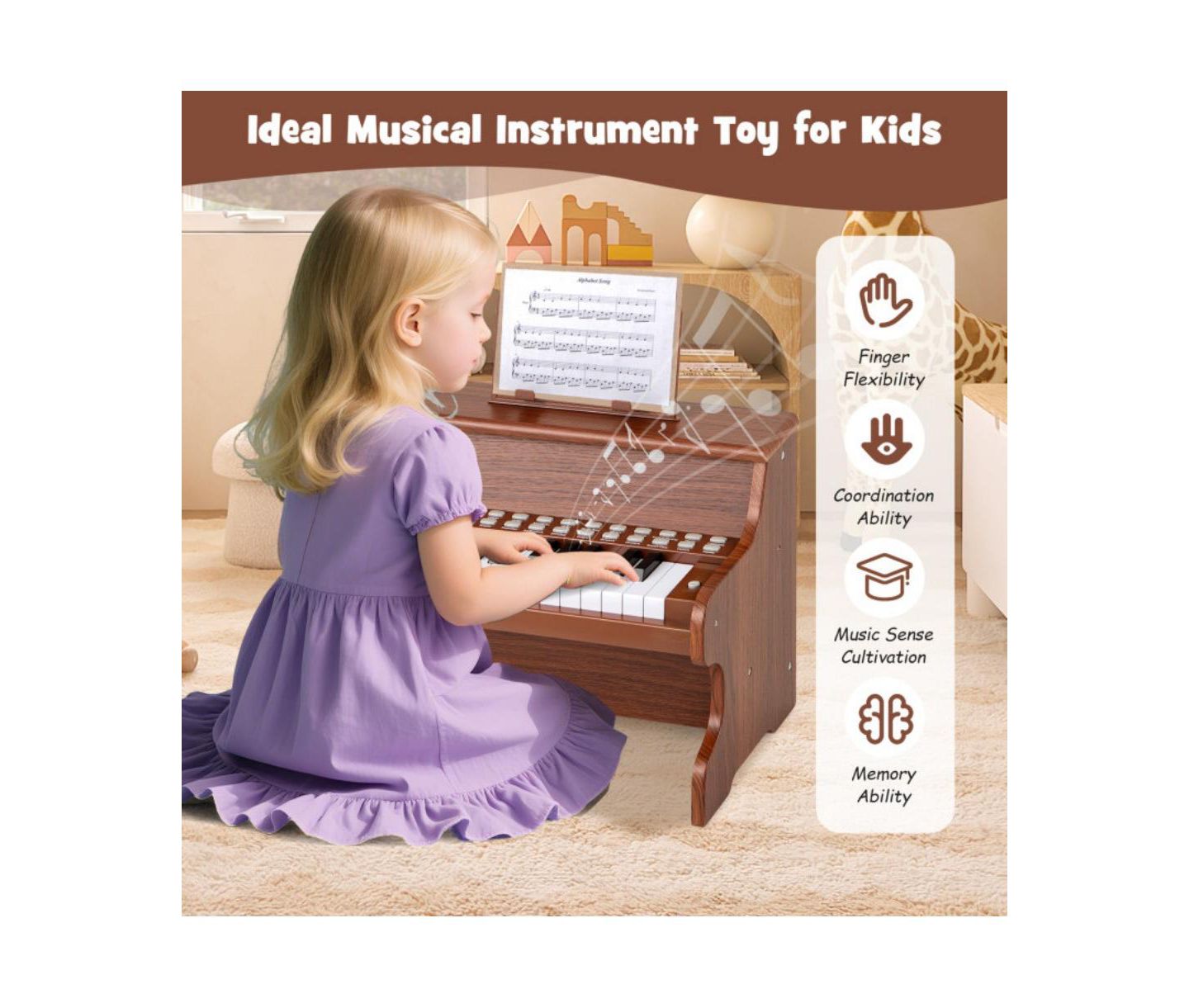 Детская игрушка HONGGE Kids' Digital Piano Keyboard with Light-Up Keys and Demo Songs, Ages 3+, цвет: Коричневый — фото 8