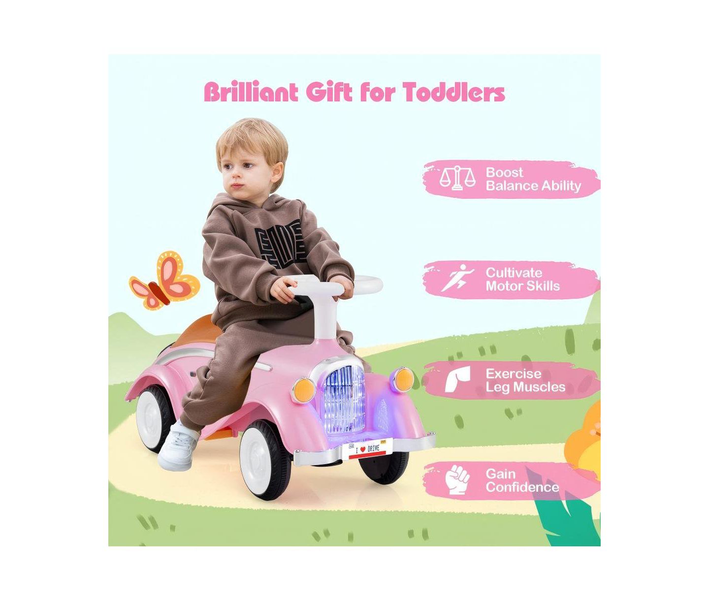 Детская игрушка HONGGE Toddler Ride-On Car with Steering Wheel, Lights and Storage, Ages 1.5-3, цвет: Розовый — фото 7