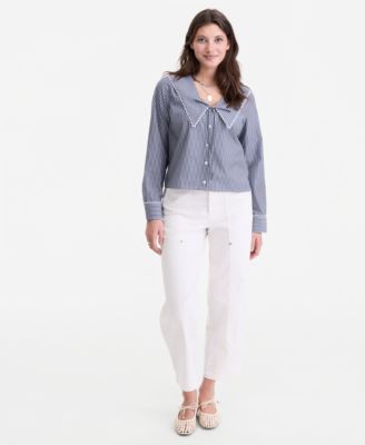 Women's Lace Trim Sailor Collar Long-Sleeve Blouse