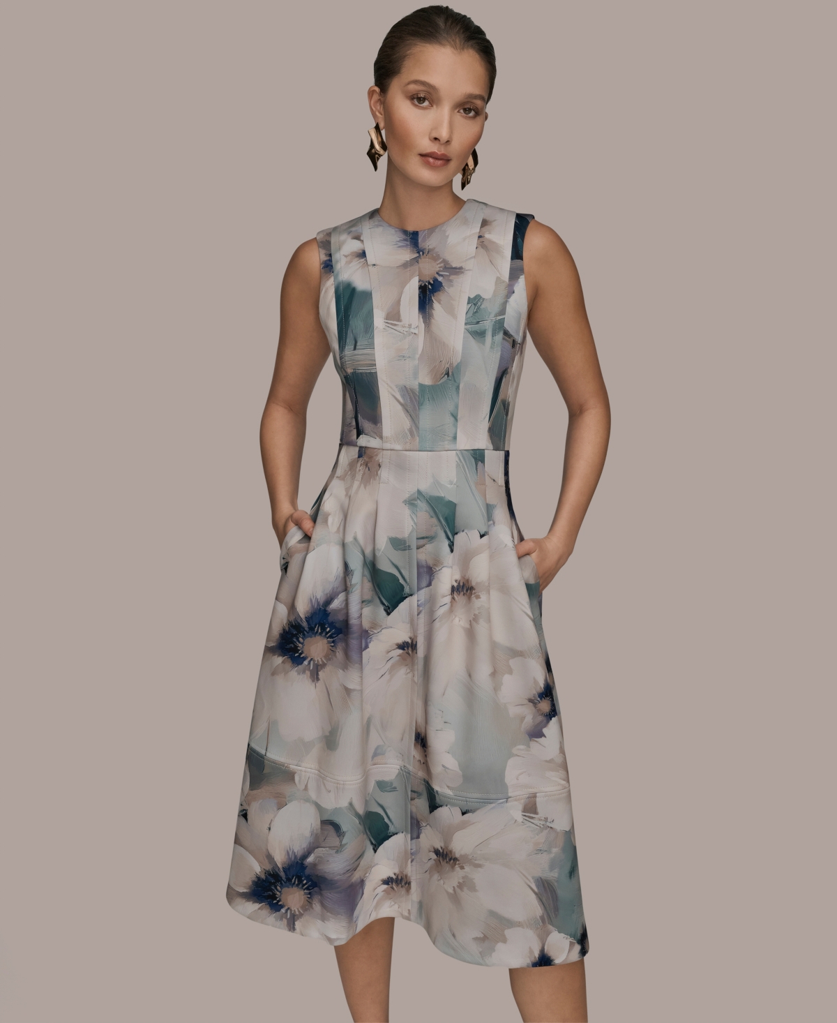 Donna Karan New York Women's Sleeveless Floral Fit and Flare Midi Dress