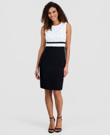 Women's Tweed-Crepe Framed Sheath Dress, Regular & Petite - Lily White/black