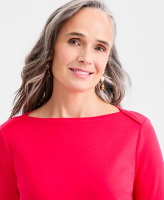 Women's Petite Pima Cotton 3/4-Sleeve Boat-Neck Top