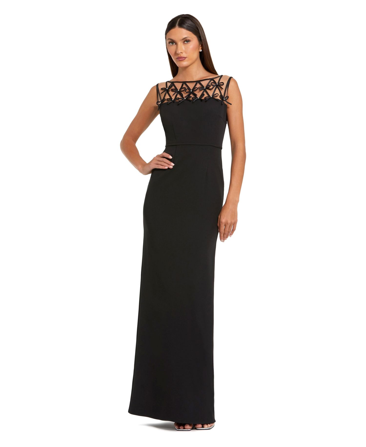 Women's Sleeveless Crepe Gown With Embellished Bows