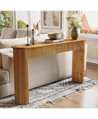 Solid Wood Console Table, 63" Long Retro Entryway Table with Vertical Fluted Stripes, Natural