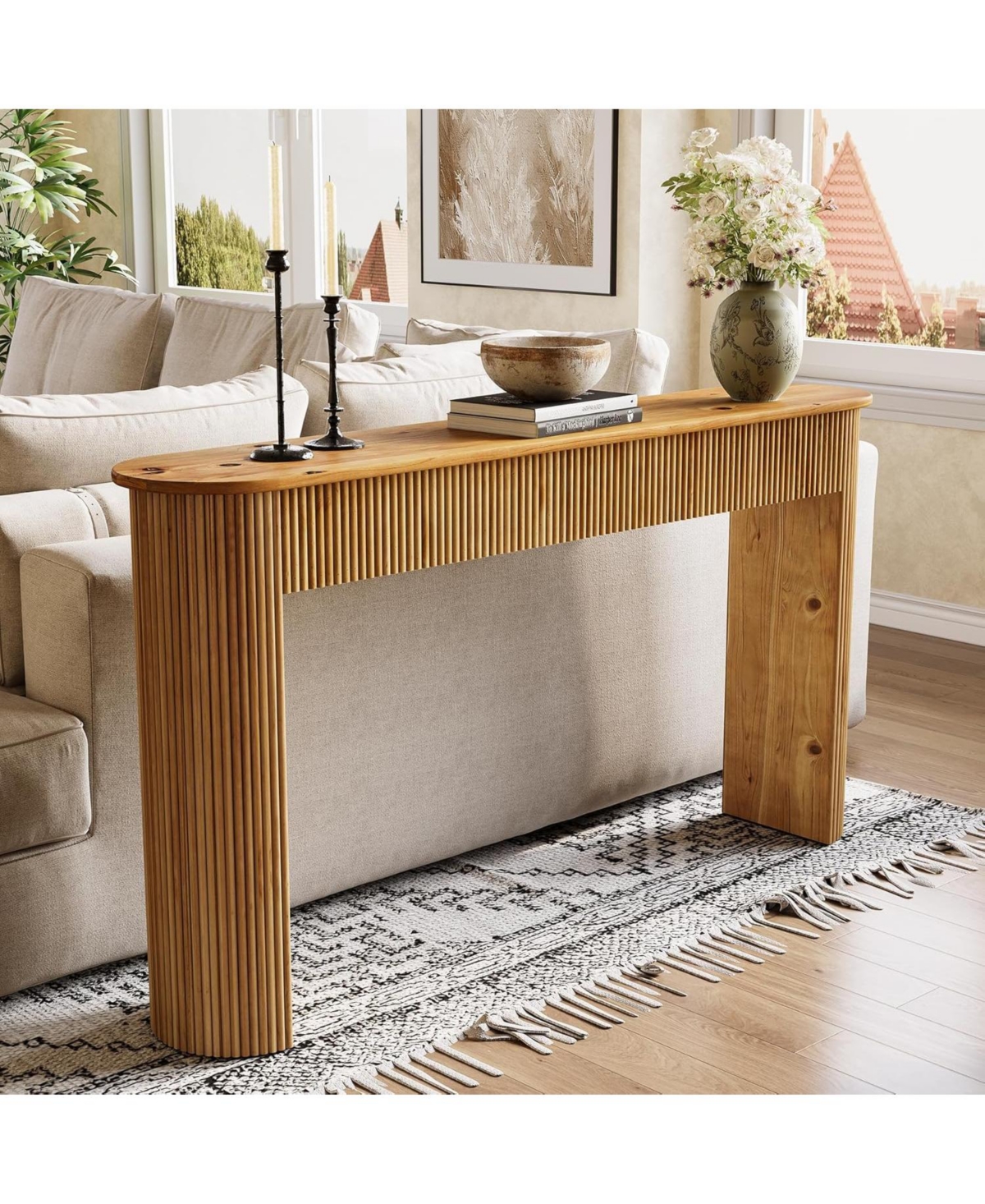 Tribesigns Solid Wood Console Table, 63" Long Retro Entryway Table with Vertical Fluted Stripes, Natural