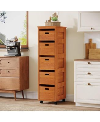 Slim Vertical Tower Unit with Wheels, Tall Narrow Wood Organizer Tower, Walnut Brown