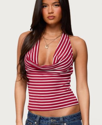 Women's Striped Cowl Neck Halter Top