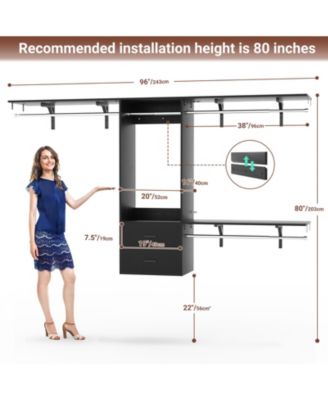 96 Inch Wall Mounted Closet Organizer System with 3 Shelves and Rods, Closet Rack with 2 Drawers