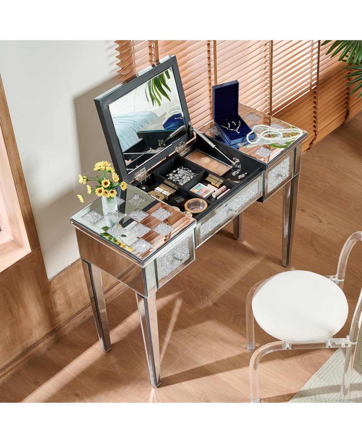 Streamdale Furniture Mirrored Vanity Desk, Crushed Diamond Inlay, Flip-Top Mirror, Silver