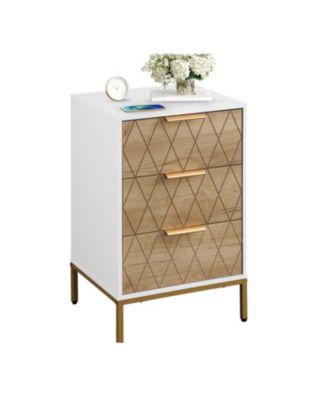 White & Natural Mid-Century Nightstand with Gold Accents