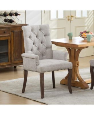 Beige Chenille Dining Chair, Tufted, Wood Legs