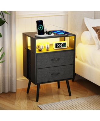 Charging Nightstand with LED & Fabric Drawers