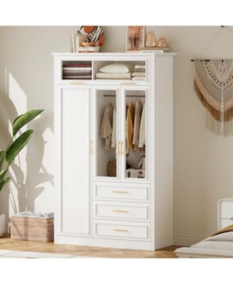 4-Door Wardrobe Armoire Closet w/ LED & 3 Drawers - White