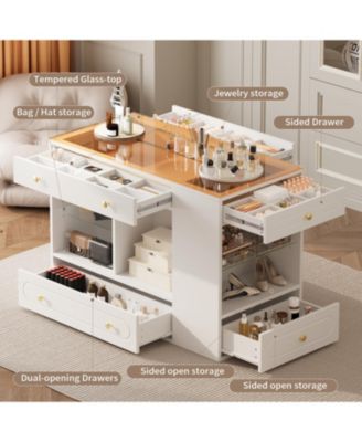 Closet Island with Drawers, Glass Top, Shelves, Jewelry Storage - White