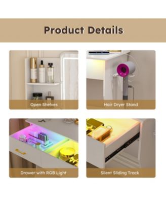 Vanity Desk with LED Lights Mirror, Power Outlet, Drawers & Chair - White