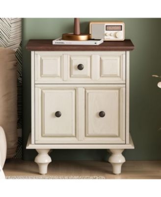 Vintage Nightstand 2 Drawers, Solid Wood, Antique White (Set of 2)