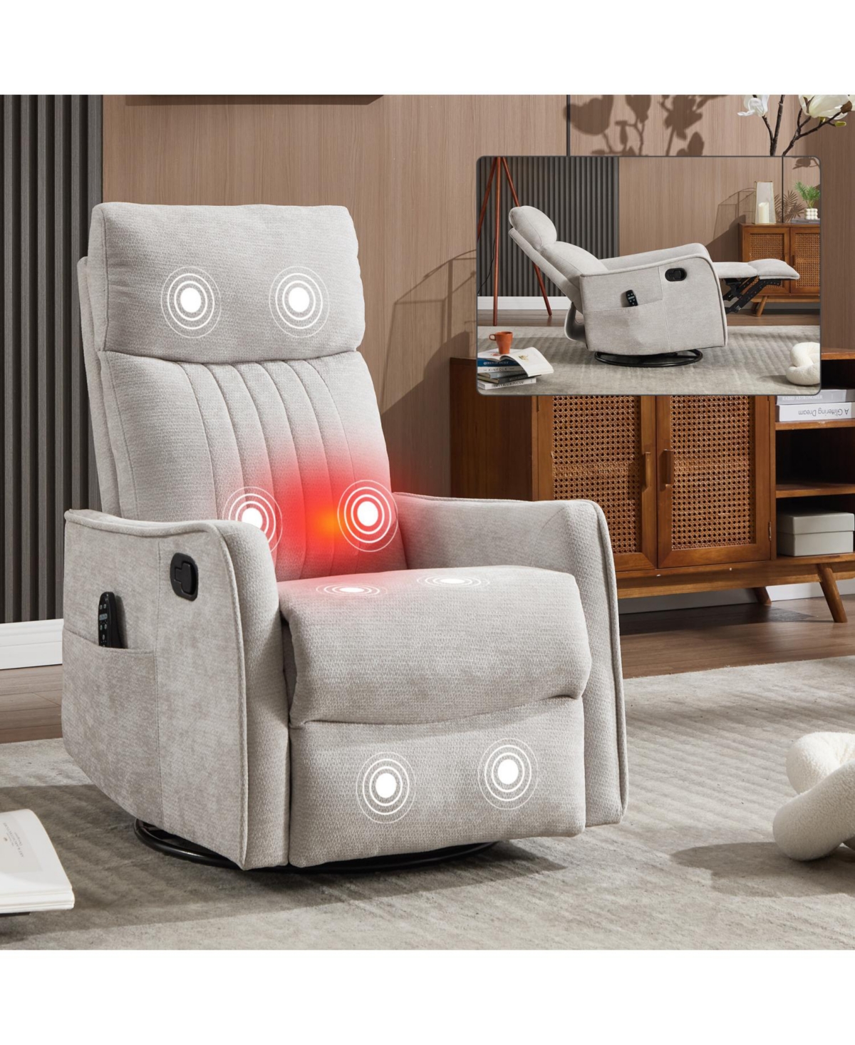 Streamdale Furniture Streamdale Light Grey Heat Massage Rocker Swivel Recliner