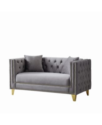 58" Chesterfield Velvet Sofa, 2 Seater, Button Nailhead, Square Arm - Grey