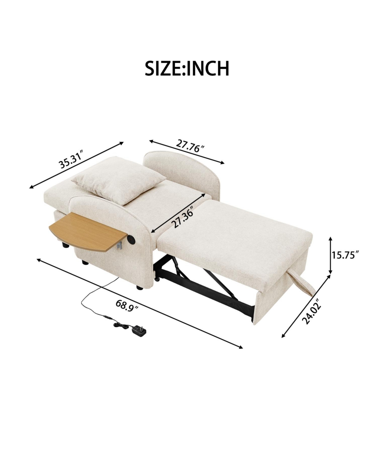 Streamdale Furniture Convertible Chair Bed- 3-in-1 Pull-Out Sofa with Usb & Desk (Creamy White
