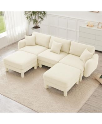 Boucle U-Shape Sectional Sofa with Ottomans & Shell Armrests, Beige