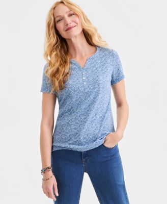 Women's Printed Short-Sleeve Henley Top