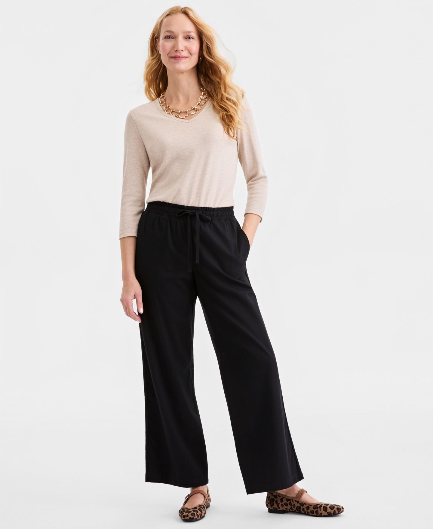Женские брюки Style & Co Wide-Leg Pull-On, цвет: Глубокий чёрный — фото 1