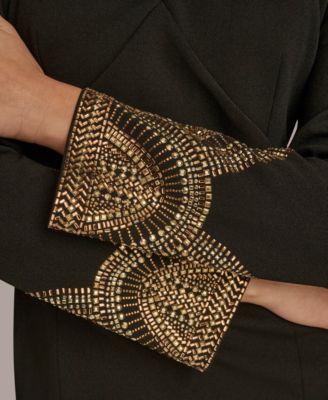 Women's Long Sleeve V-neck Hot Fix Sheath Midi Dress