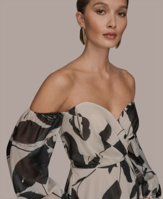 Women's Floral Print Sweetheart Neckline Puff Sleeve Gown