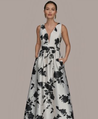 Women's Short Sleeve V-neck Floral Print Mikado Gown
