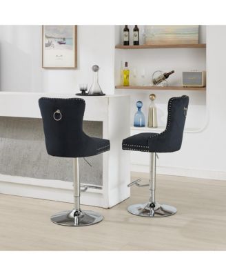 Chrome Swivel Velvet Barstools, Adjustable 25-33", Tufted, Black, Set of 2