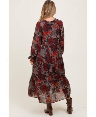 Maternity Beige Floral Chiffon Ruffle Tiered Midi Dress