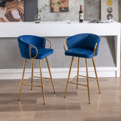 Streamdale Blue Velvet Bar Stools with Gold Legs (Set of 2