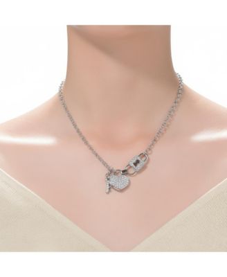 Teens Sterling Silver Clear CZ Heart & Padlock Charm Necklace